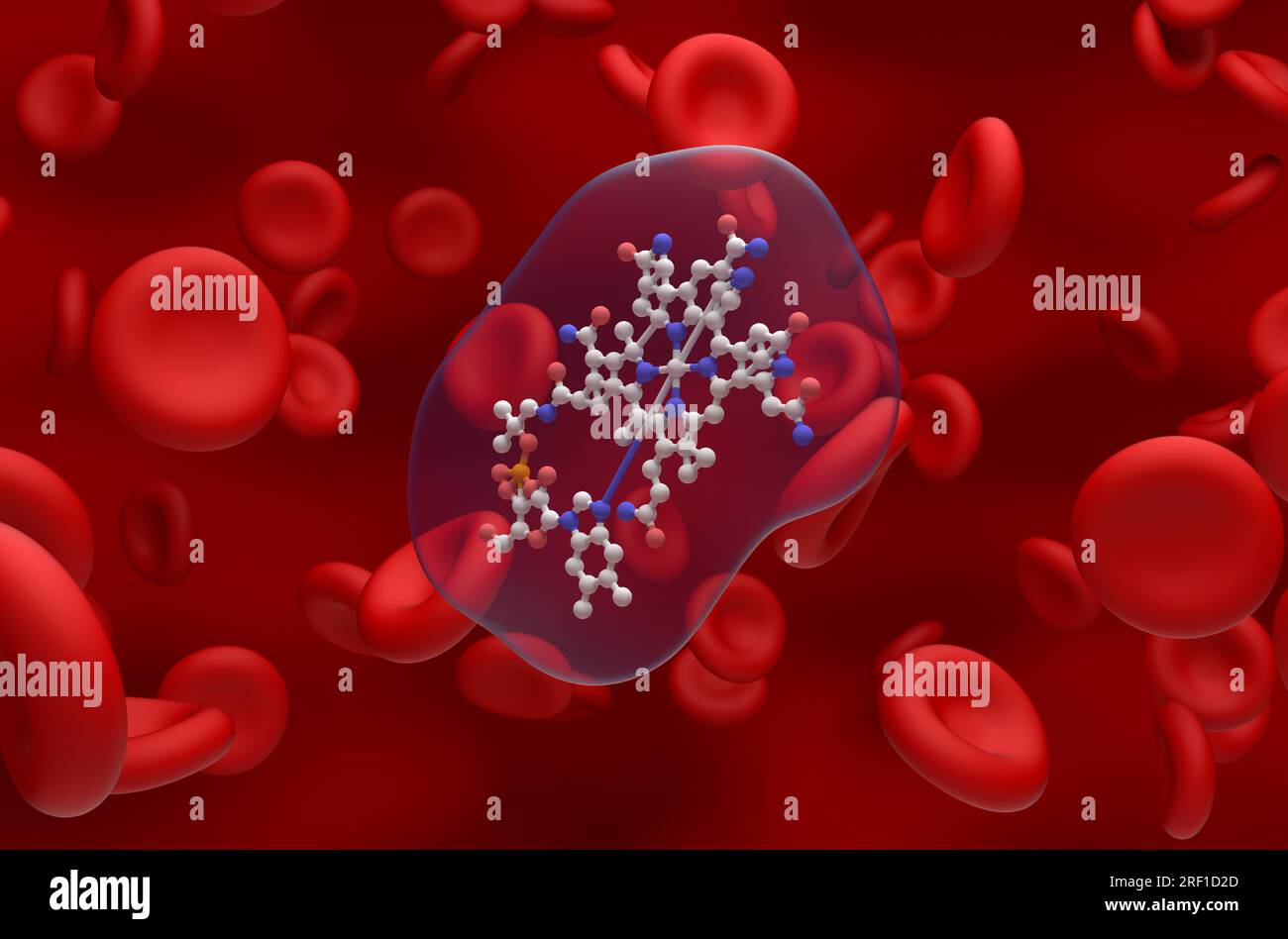 B12-Vitamin-(Cobalamin-)Struktur in der Blutflusskugel und Stäbchen-Nahaufnahme 3D-Darstellung Stockfoto