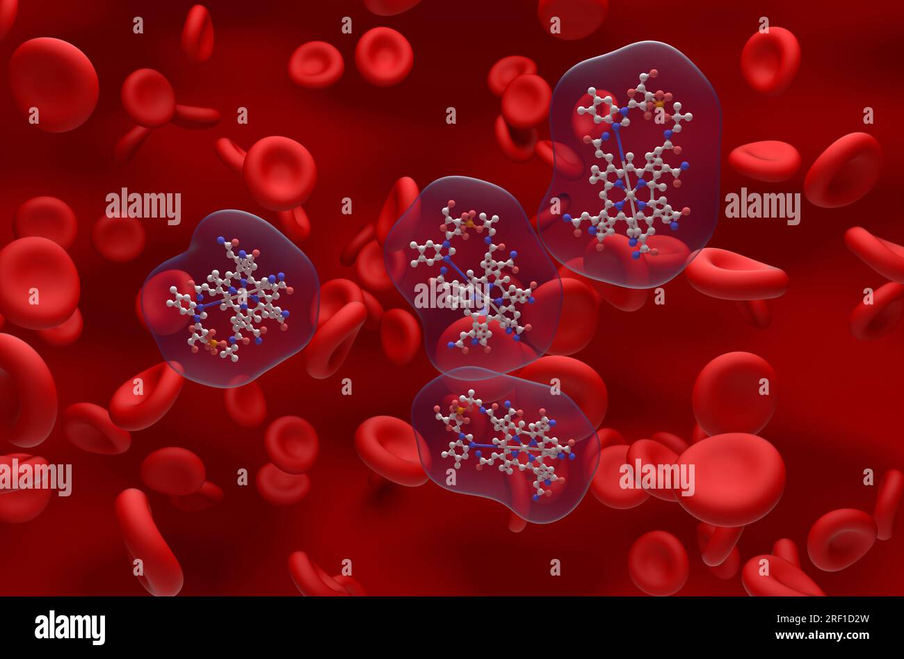 Die B12-Vitamin-(Cobalamin-)Struktur in der Blutflusskugel und dem Stab isometrische Ansicht der 3D-Darstellung Stockfoto