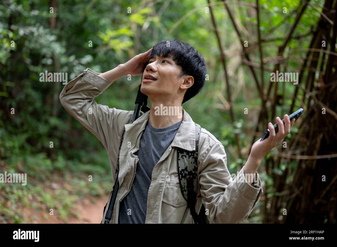Ein verwirrter und verwirrter männlicher asiatischer Reisender mit seinem Smartphone verirrt sich im Wald, während er alleine wandert. Stockfoto
