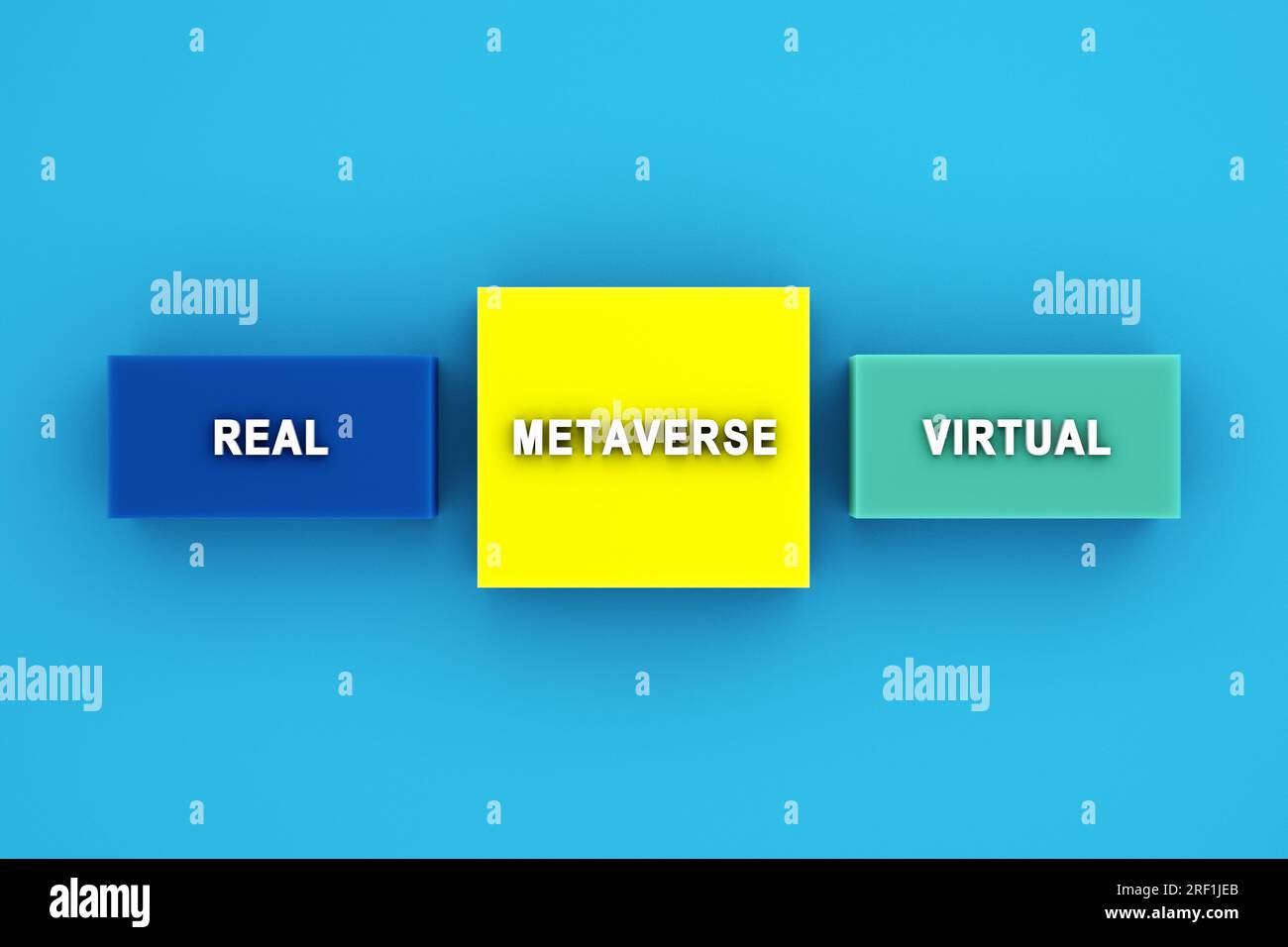 Metaverses Konzept. Die Wörter real, virtuell und Metaversum, die auf bunten Würfeln geschrieben werden. In einer virtuellen Welt echten Wert schaffen. 3D-Rendern. Stockfoto