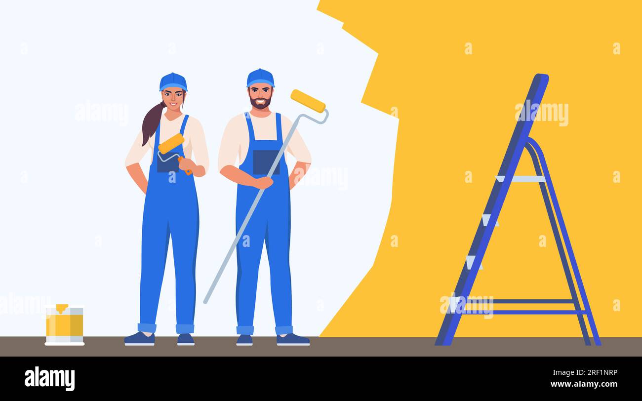 Maler Frau und Mann streichen Hauswand mit Bürstenrolle. Dekorationsjob, Innenrenovierungsservice. Vektordarstellung Stock Vektor