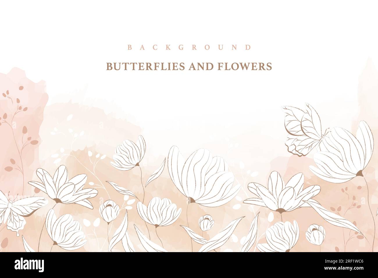 Zarter pinkfarbener botanischer Hintergrund mit Blumen und Schmetterlingen am unteren Vektor der Aquarelle Stock Vektor
