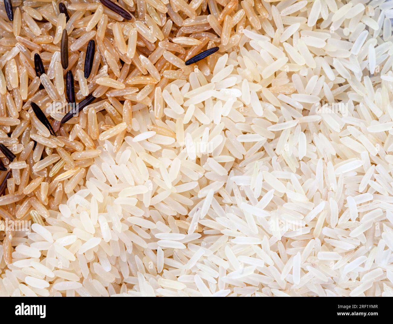 Vollbildhintergrund mit weißem, Basmati- und wildem Reis Stockfoto