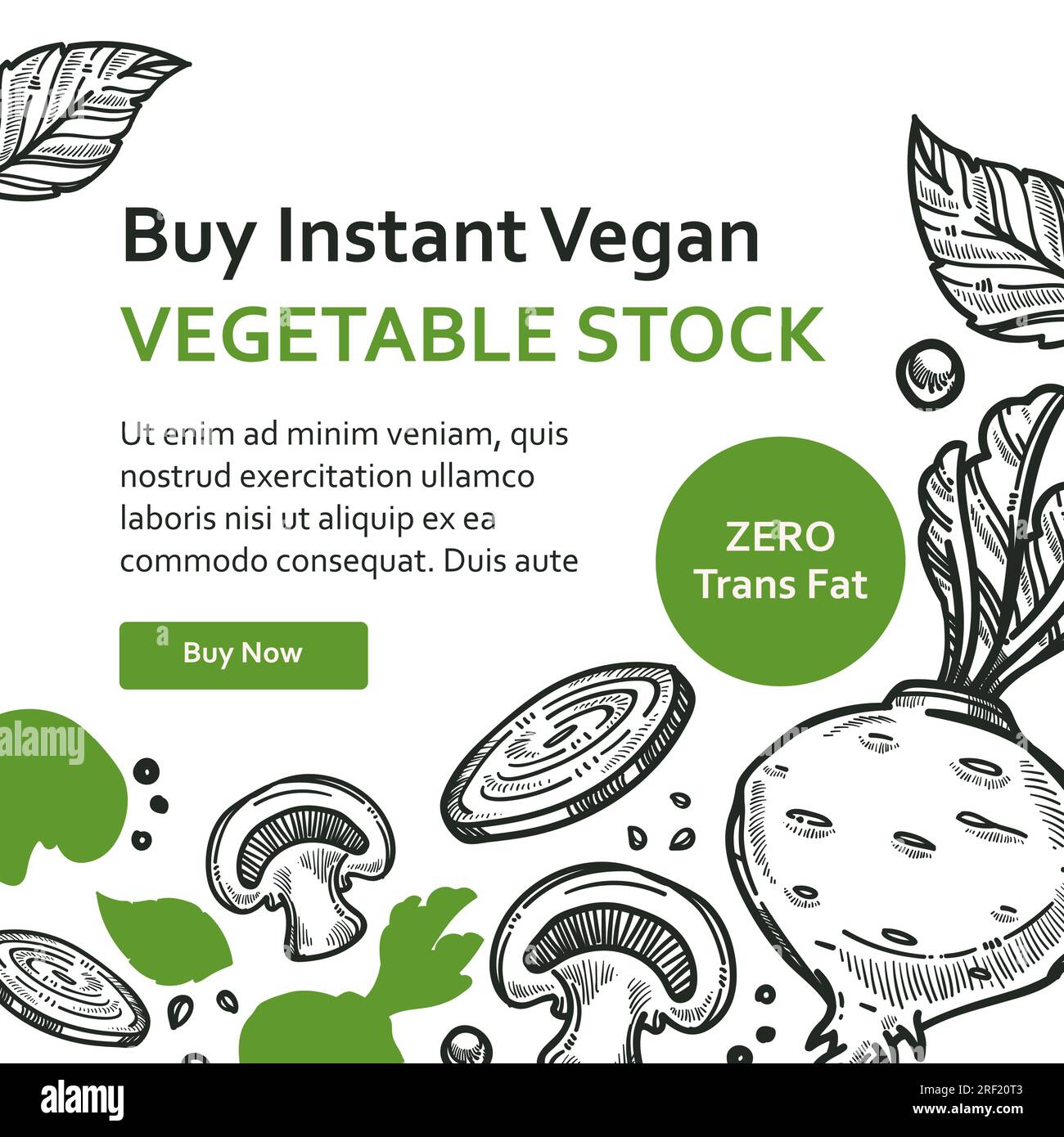 Kaufen Sie sofort vegane Gemüsebrühe, Null trans Fett Stock Vektor