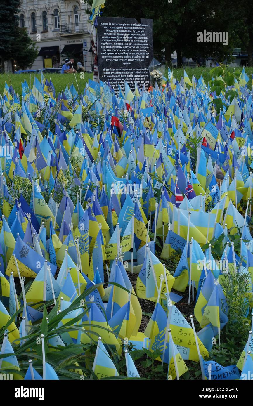 Im Zentrum von kiew, auf dem Unabhängigkeitsplatz, zollen die Ukrainer den Soldaten Tribut, die im Kampf mit kleinen Flaggen getötet wurden Stockfoto