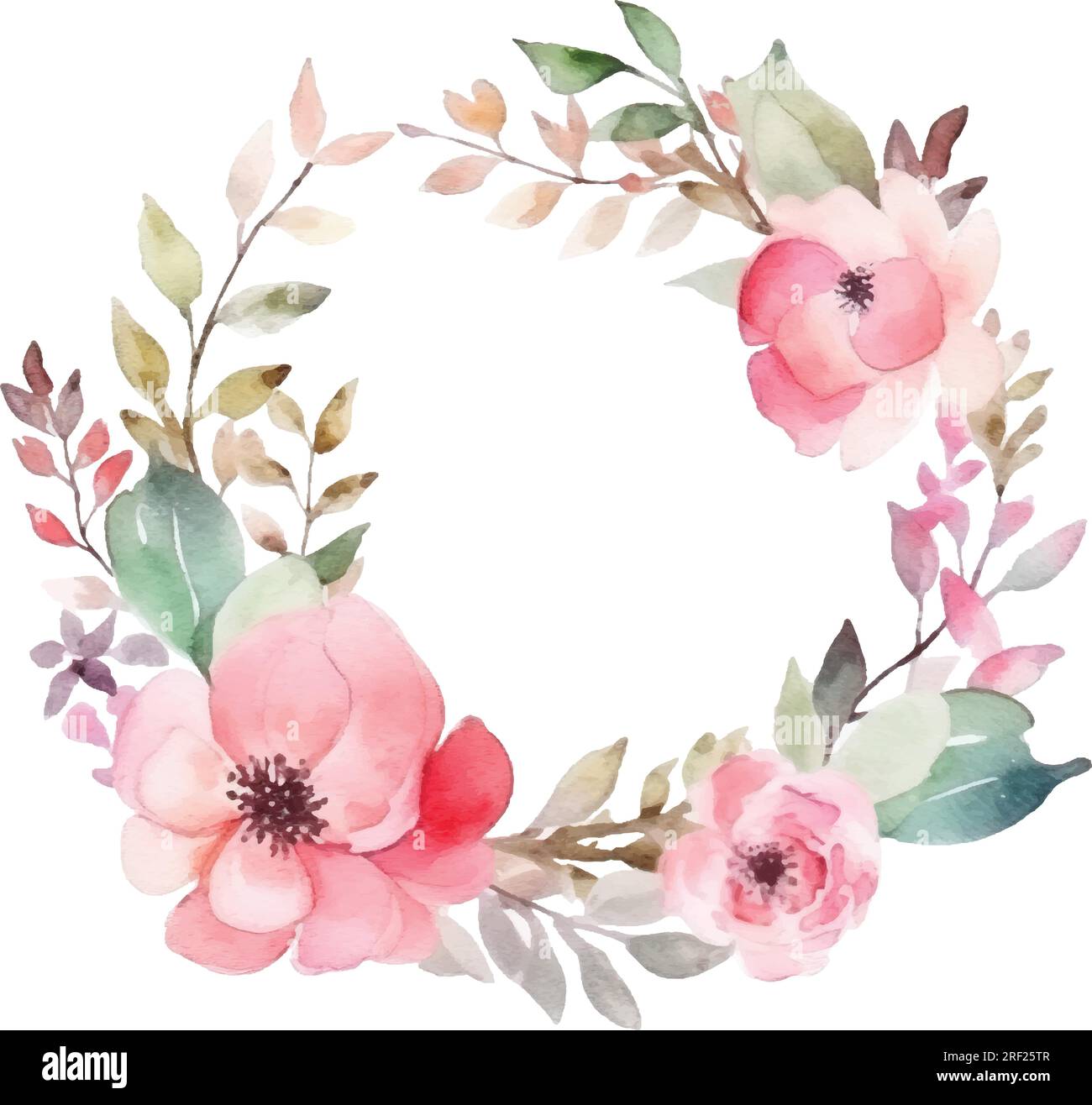Vektor-Aquarell-Gemälde Kranz mit pinkfarbenen Blumen und Blättern, handbemalter Blumenstrauß isoliert auf weißem Hintergrund. Stock Vektor