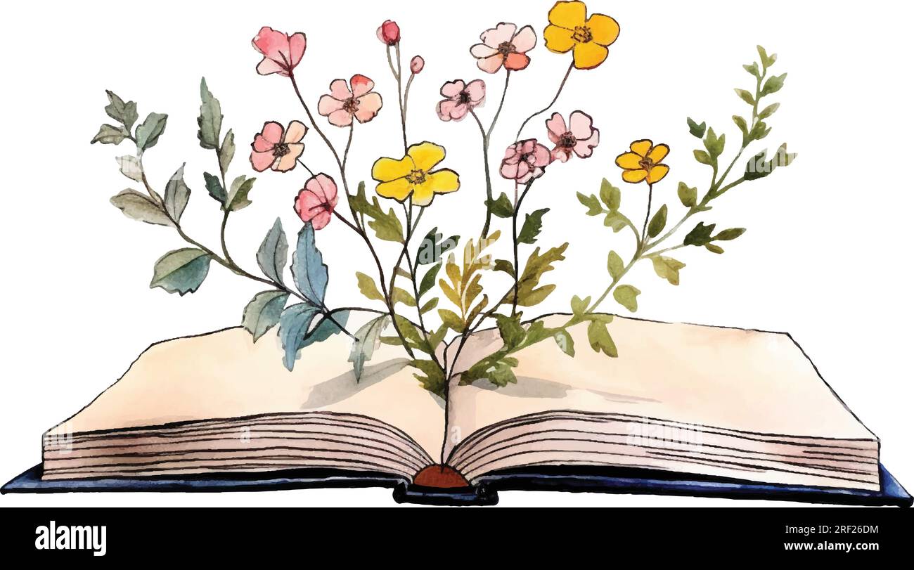 Vektor-Aquarell-Gemälde von Blumen, die aus einem alten offenen Buch wachsen, handgemalt isoliert. Stock Vektor