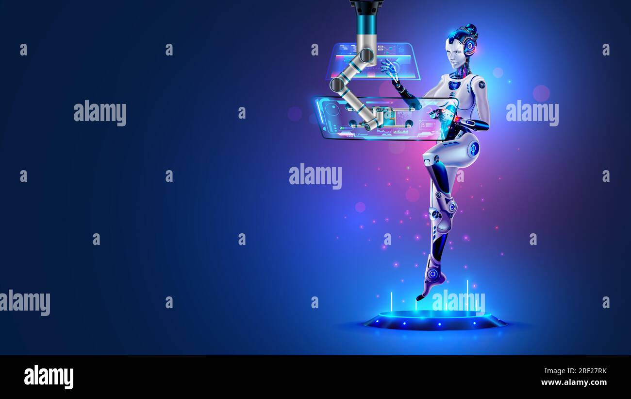 KI in Image-Roboterfrau, die mit futuristischer Schnittstelle auf transparentem Computer-Touchscreen arbeitet. Analystendaten künstlicher Intelligenz auf Anzeige von com Stock Vektor