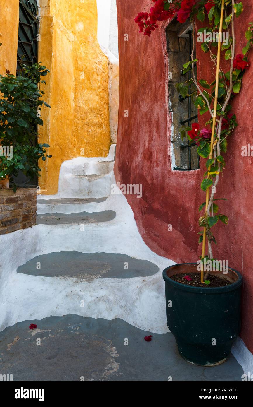 Details der farbenfrohen Architektur im Stadtviertel Anafiotika von Athen. Stockfoto