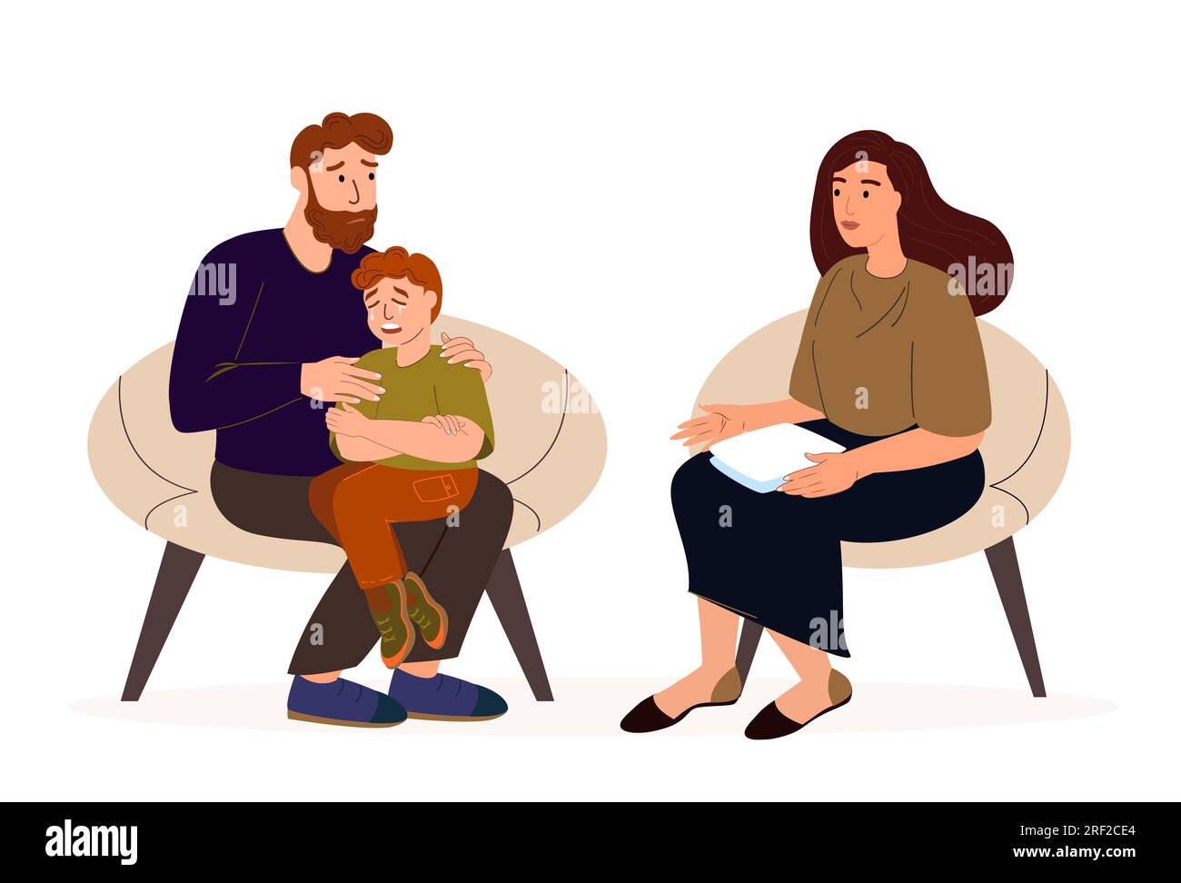 Weinendes Kind, das auf den Knien seines Vaters auf der Sitzung mit einem Psychologen sitzt.schwieriger Teenager, psychologisches Trauma, Kinder, Eltern.psychische Gesundheit, Stockfoto
