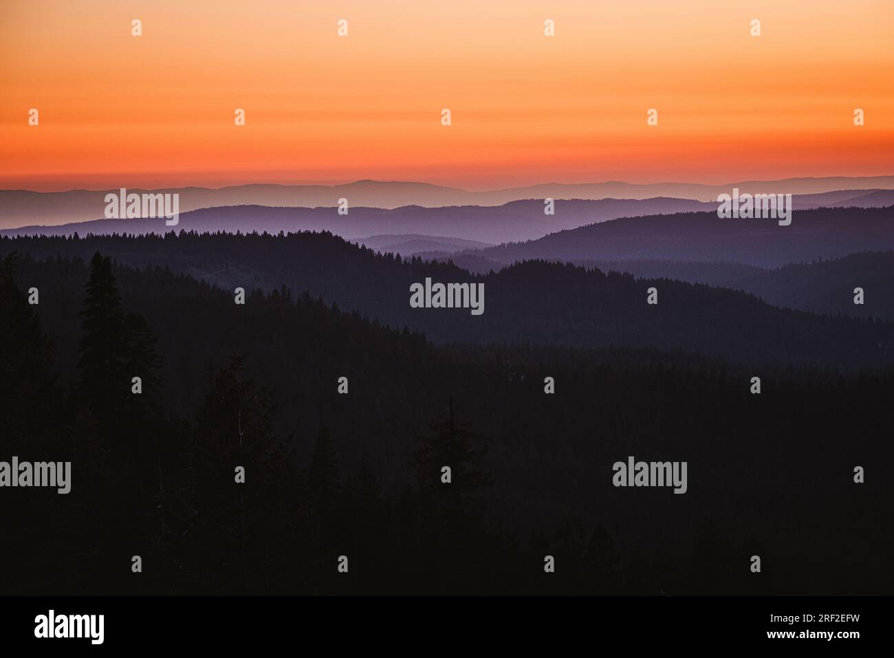Blick über die nördlichen Sierras bei Sonnenuntergang, Nevada City, Kalifornien Stockfoto