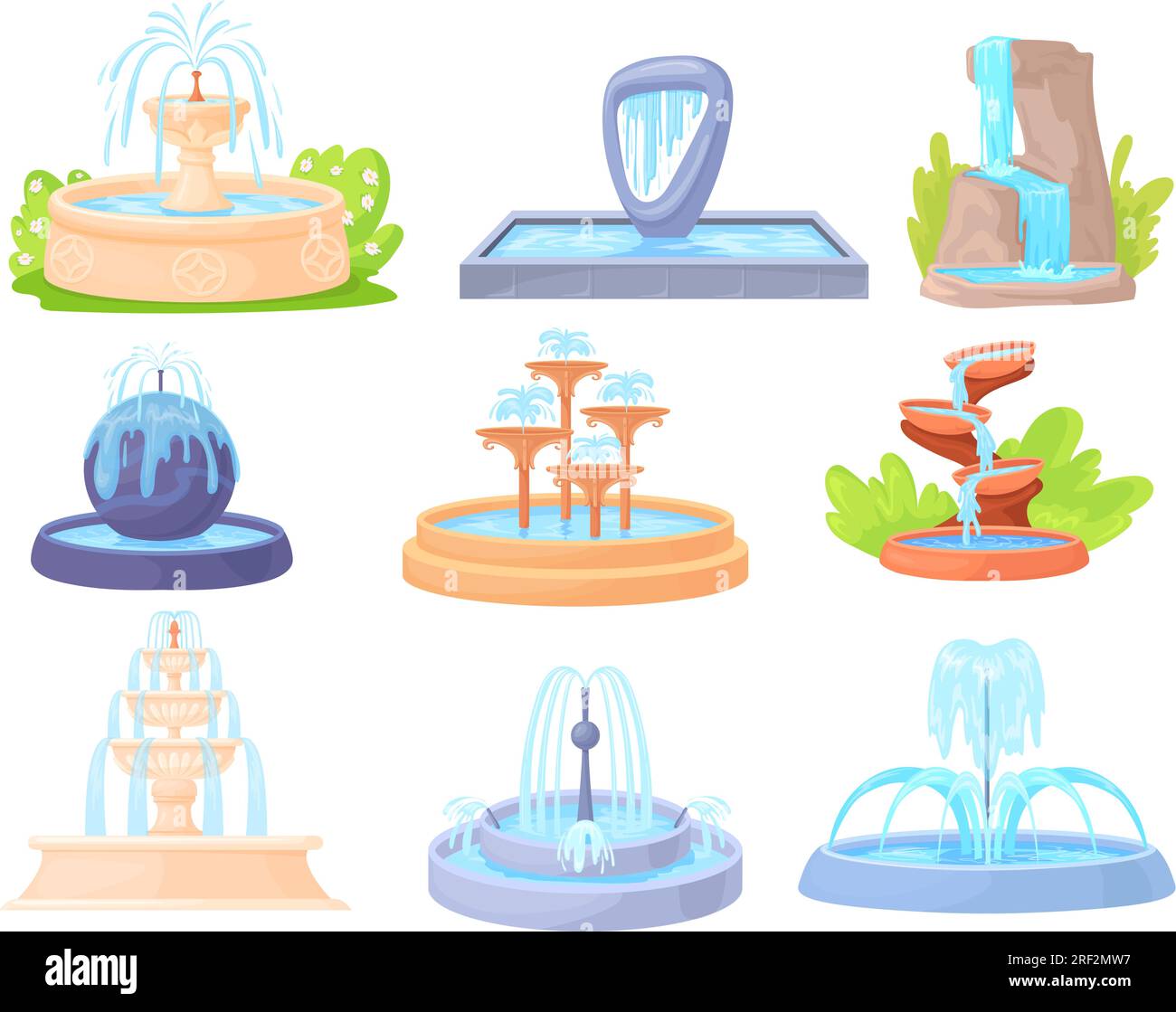 Dekorative Zeichentrickfilme. Abgelegener Springbrunnen im Freien mit Wasserstrahl oder Wasserfällen, Sommerdekoration für Garten- oder Stadtarchitektur, ordentliche Vektordarstellung Stock Vektor