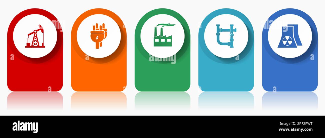 Symbolsatz für die Industrie, verschiedene Vektorsymbole wie Ölindustrie, Elektrizität, Fabrik und Kernkraftwerk, Infografik-Vorlage für modernes Design Stock Vektor