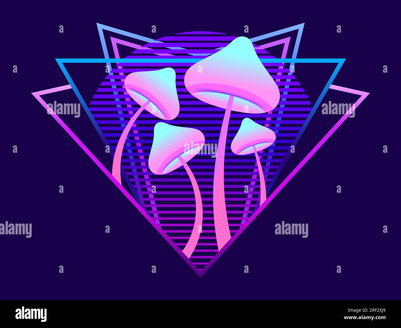 Leuchtende Pilze bei Sonnenuntergang im Retro-futuristischen Stil von 80s. Rave-Party. Gradienten-Biolumineszenz-Pilze. Halluzinogene Pilze auf einer langen Stock Vektor