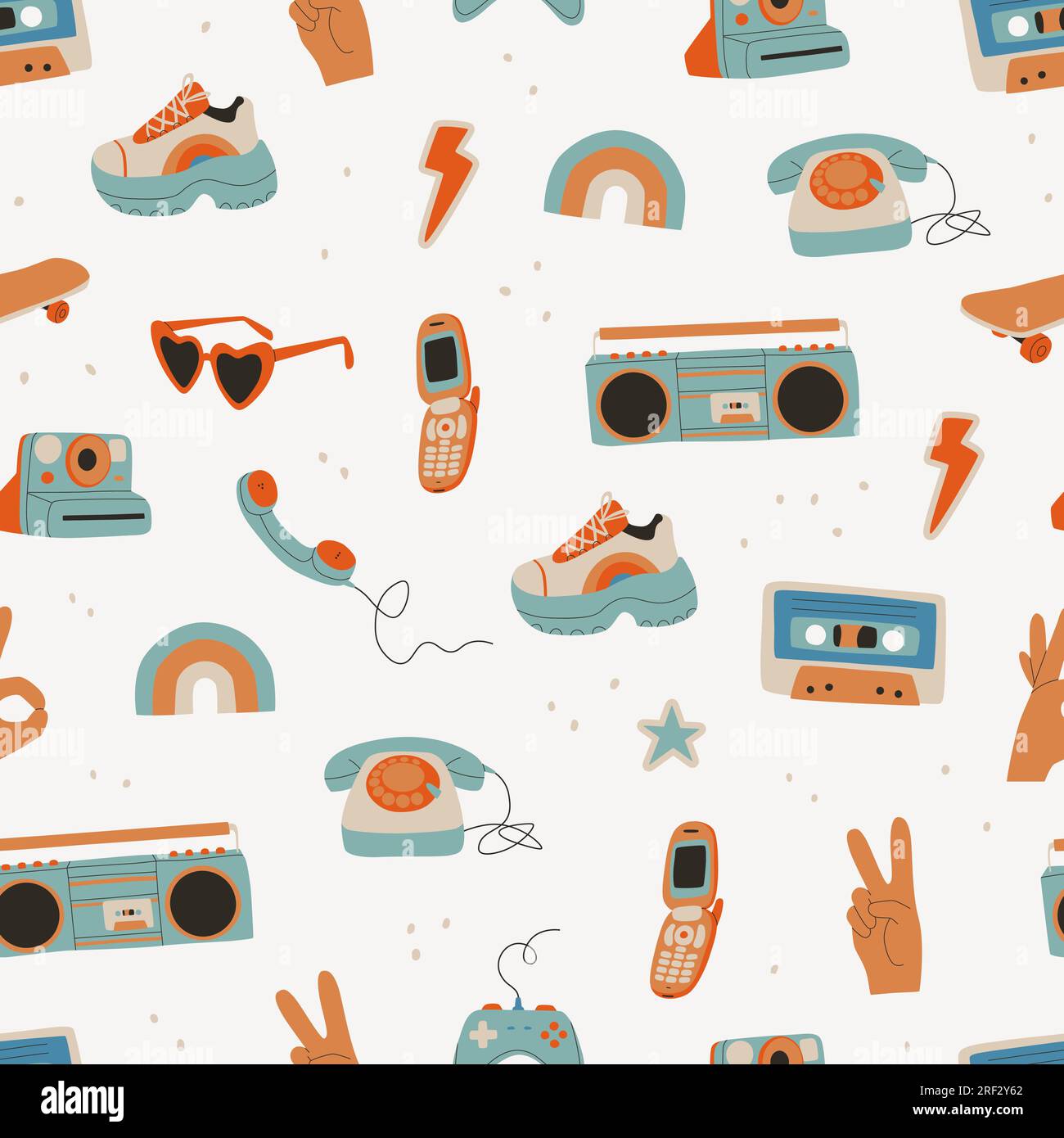Cooles Retro-Muster mit verschiedenen Elementen der 80s und 90s. Trendiges, nahtloses Vektormuster für Design und Druck. Stock Vektor