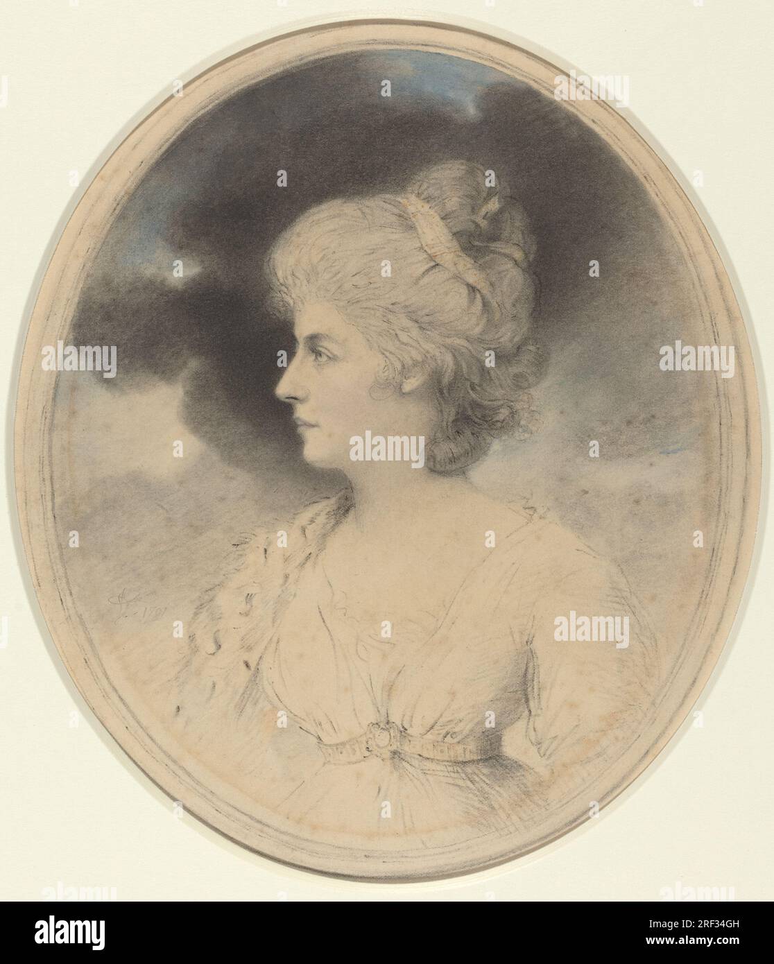 „John Downman, Porträt einer Frau im Profil, 1791, schwarze Kreide und Aquarell, Bild (oval): 23,3 x 19,8 cm (9 3/16 x 7 13/16 Zoll) Blatt: 25,5 x 20,6 cm (10 1/16 x 8 1/8 Zoll), Ailsa Mellon Bruce Collection, 1970.17.147' Stockfoto