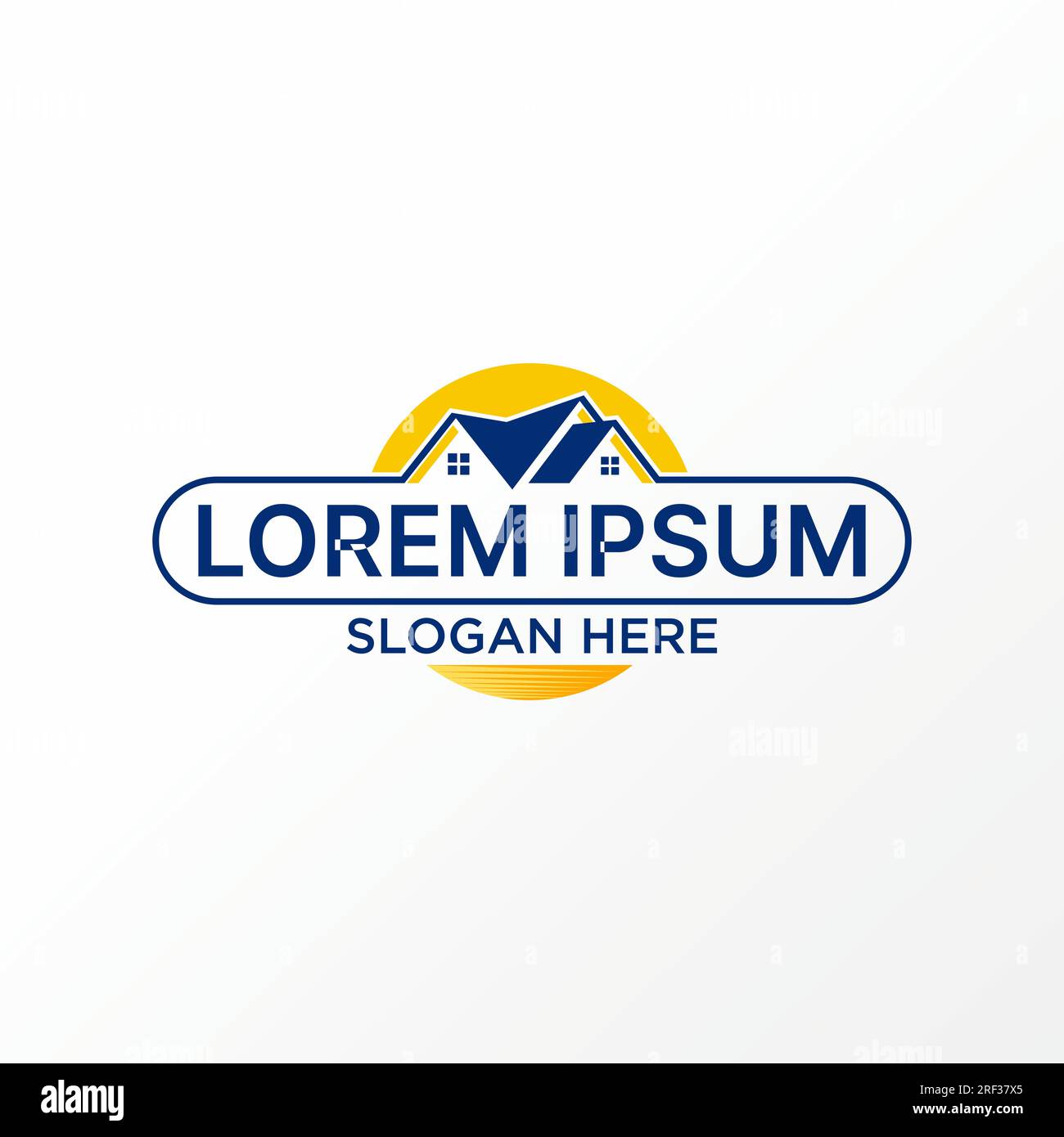 Logo-Design Grafikkonzept kreatives abstraktes Premium-Vektor-Stockschild Dachhaus Emblem Badge mit Sonnenaufgang hinter. Im Zusammenhang mit Immobilienhypotheken Stock Vektor