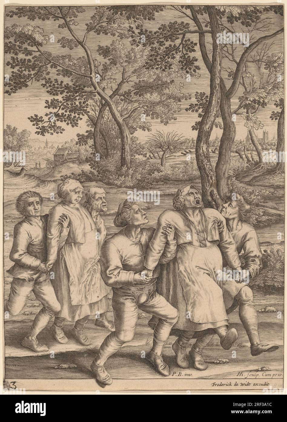 Hendrik Hondius I nach Pieter Bruegel dem Ältesten, zwei Gruppen von Bauern, die sich nach rechts bewegen, Gravur, Rosenwald-Sammlung, 1964,8.434. Stockfoto