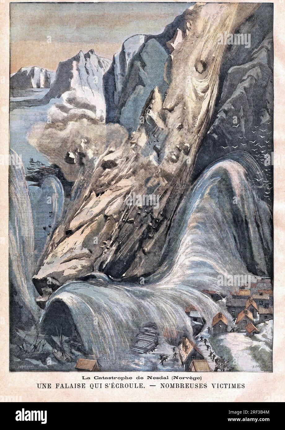 En Norvege, une falaise se Decroche et engloutit le Village de Nesdal, faisant plusieurs victimes. Gravure in 'Le Petit Parisien', le 05021905. Stockfoto