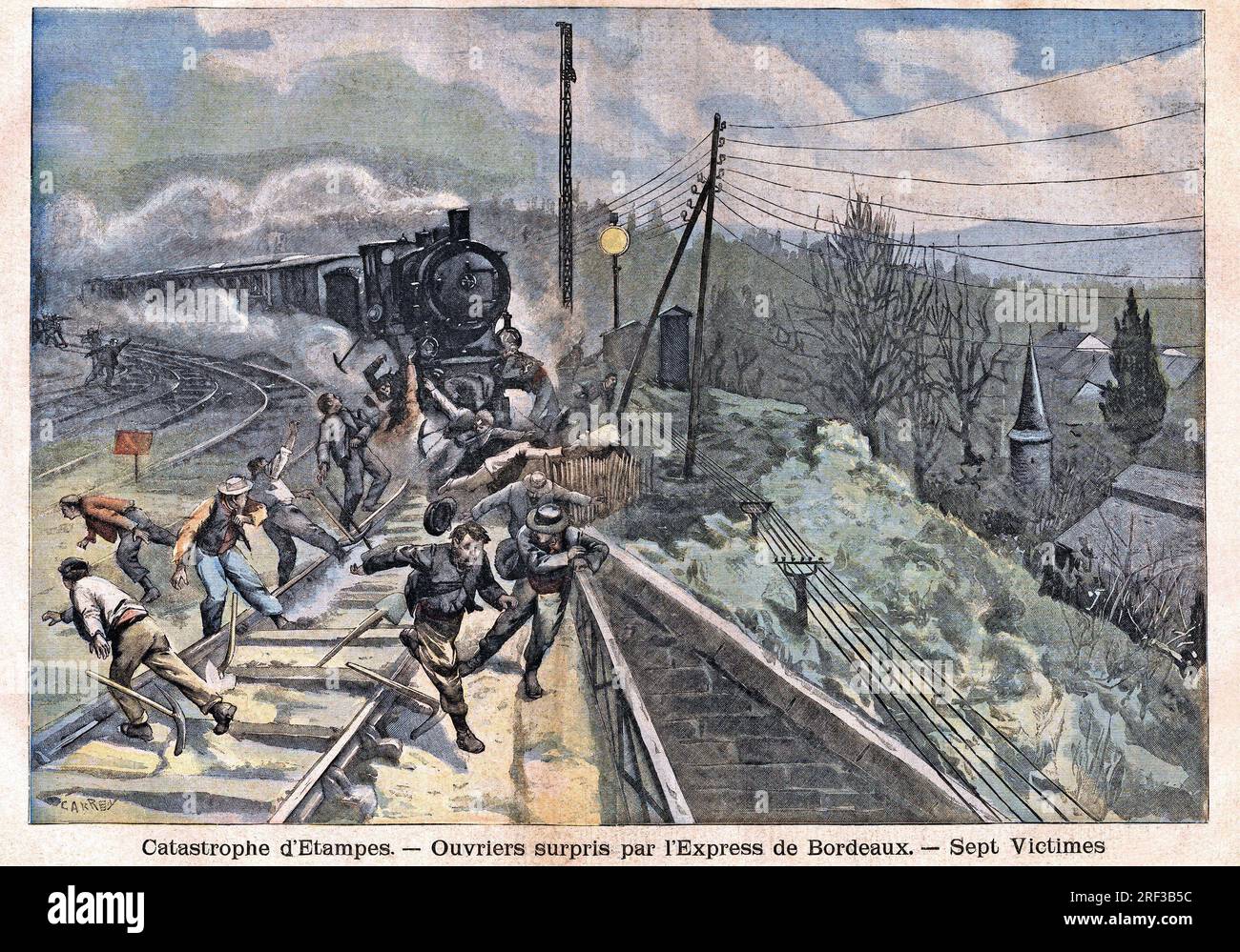 Des ouvriers des Chemins de Fer sont surpris par l'Express de Bordeaux a Etampes, faisant 7 Victimes. Gravure in 'Le Petit Parisien', le 19021905. Stockfoto