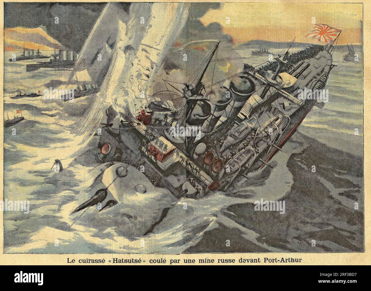 Guerre russo-japonaise (Guerre russo japonaise) : Le cuirassier japonais 'Hatsutse' est coule par une mine russe a Port Arthur. Gravure in 'Le Petit Parisien', le 05061904. Stockfoto