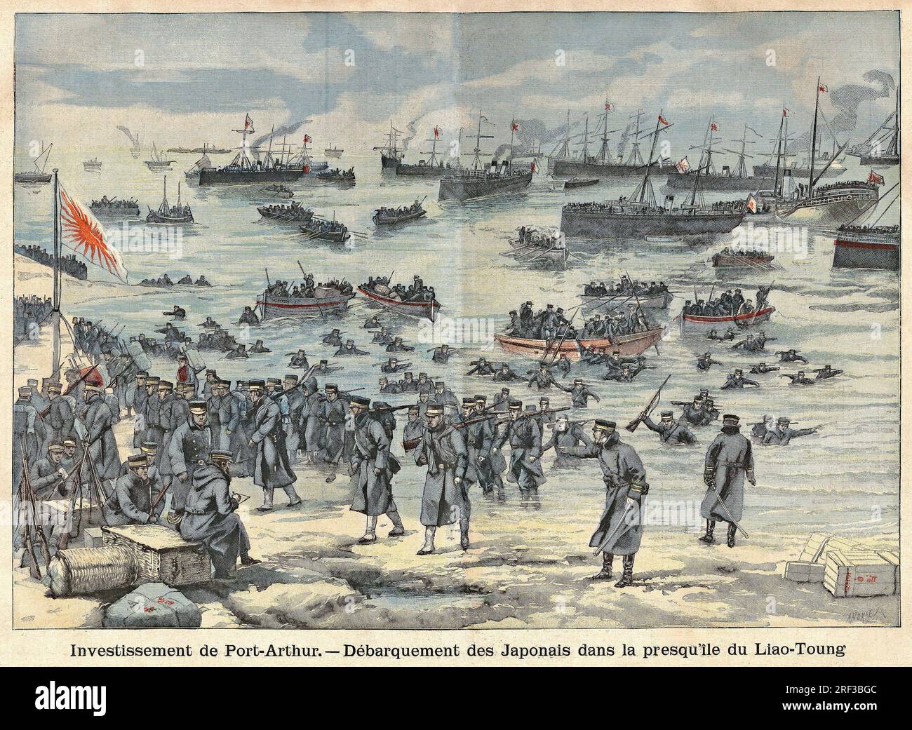 Debarquement des troupes japonaises dans le Liao Toung afin d'Encercler Port Arthur. Gravure in 'Le Petit Parisien', le 22051904. Stockfoto