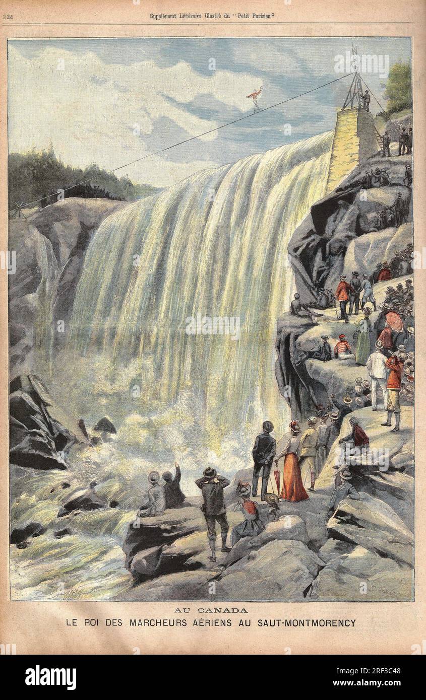 Le funambule Americain Hardy, Traverse la Cascade Appellee „Saut Montmorency“, Kanada. Gravure in 'Le Petit Parisien', le 12071903. Stockfoto