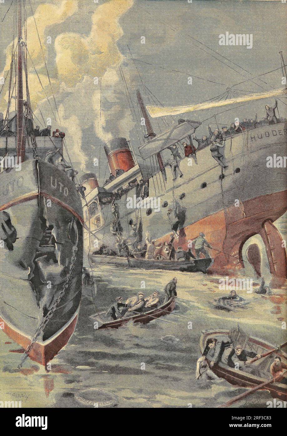 Kollisionsentre le Steamer anglais 'Huddersfield' et le Batiment norvegien 'Uto' sur l'Escaut a Saeftingen. Gravure in 'Le Petit Parisien', le 14061903. Stockfoto