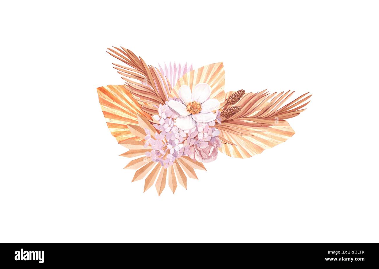 Getrocknete Blumen, Hortensien, tropische Palmenblätter. Pastellfarbene, wässrige Blumenvorlage, isolierte Kollektion für Hochzeitskranz, Blumenstrauß Stockfoto