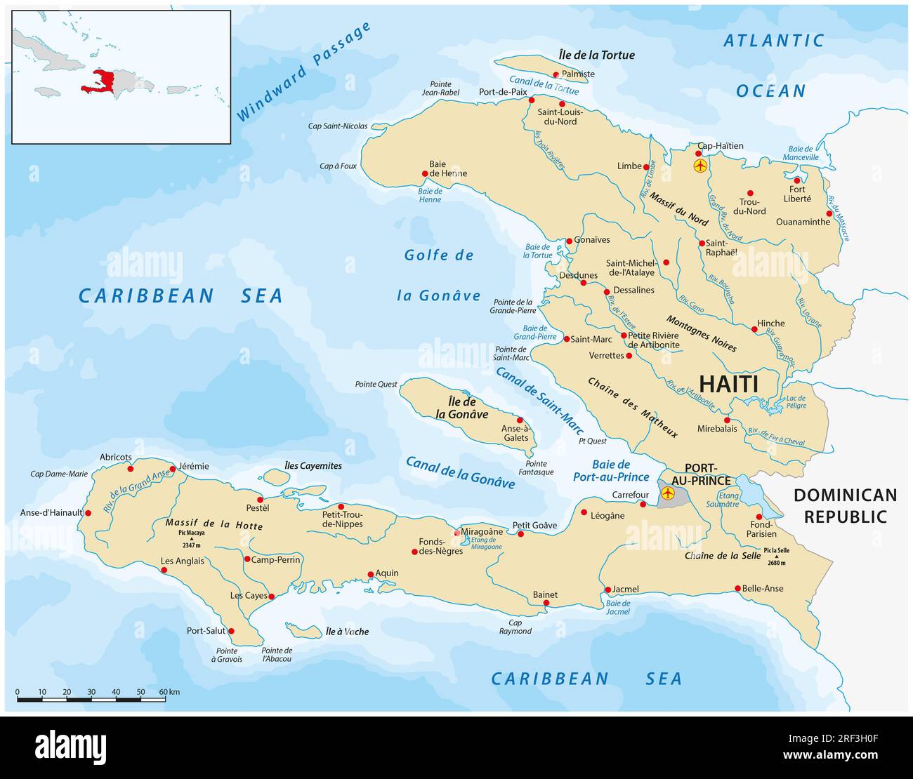 Vektorkarte des karibischen Insellandes Haiti Stockfoto