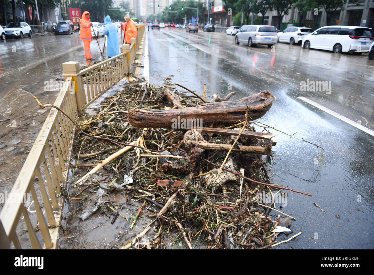 Peking, China. 31. Juli 2023. Sanitäre Arbeiter säubern eine Straße im überschwemmten Mentougou-Bezirk von Peking, Hauptstadt von China, 31. Juli 2023. Bis 4 Uhr Am Montag hatte die chinesische Hauptstadt 40 Stunden ununterbrochenen Regen erlebt. Die Daten zeigen, dass es ab 8 Uhr ist Samstag bis 3 Uhr Montag betrug die durchschnittliche Niederschlagsmenge in Peking 193,4 mm, wobei die maximale Niederschlagsmenge an einem malerischen Ort im Bezirk Mentougou 580 mm überstieg. Kredit: Ju Huanzong/Xinhua/Alamy Live News Stockfoto