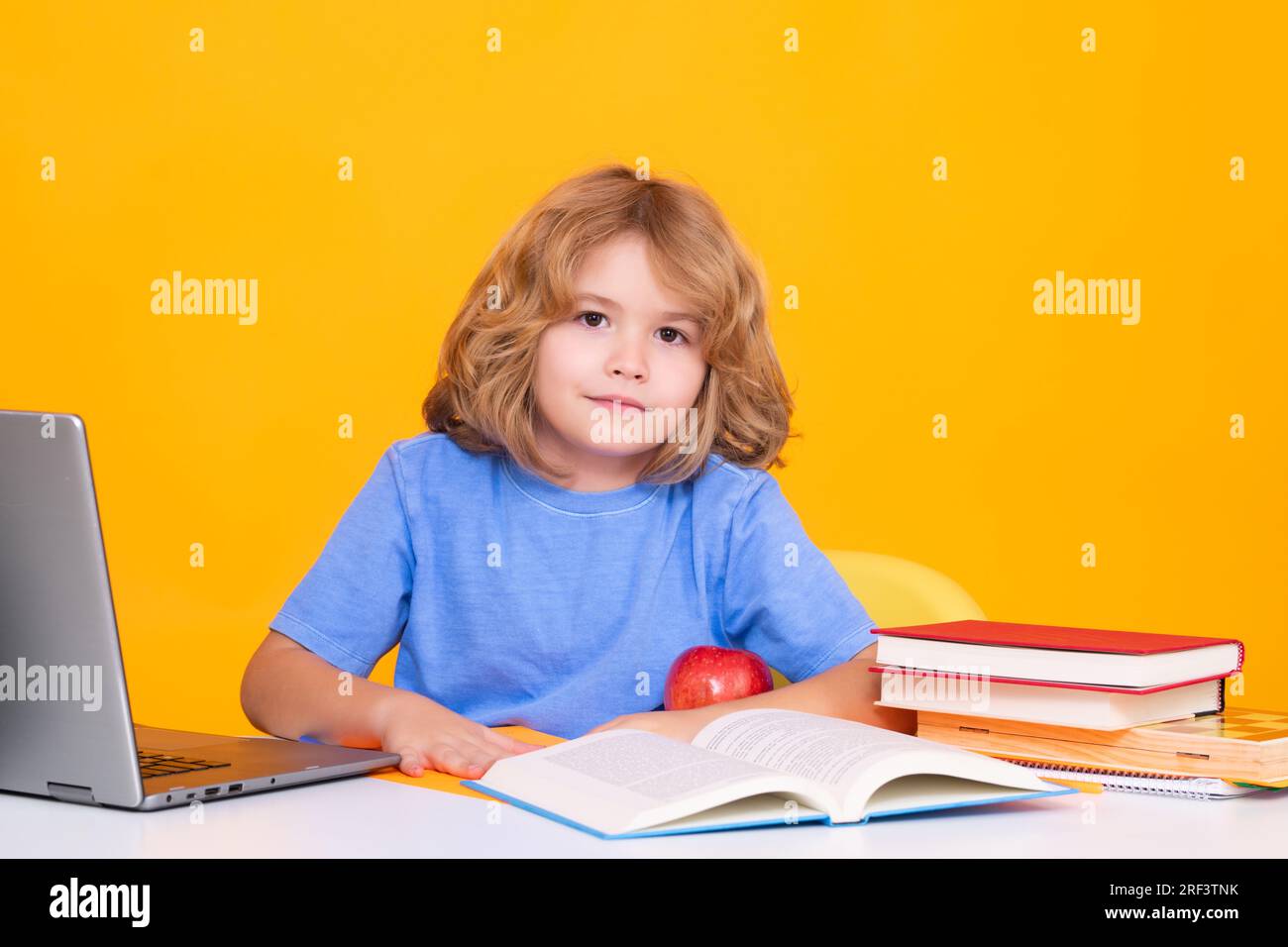 Schulkind liest Buch. Schulkinder isoliert auf gelbem Hintergrund. Kind aus der Grundschule. Schüler studieren. Kluger Schuljunge, der lernt. Kinder-Hengst Stockfoto