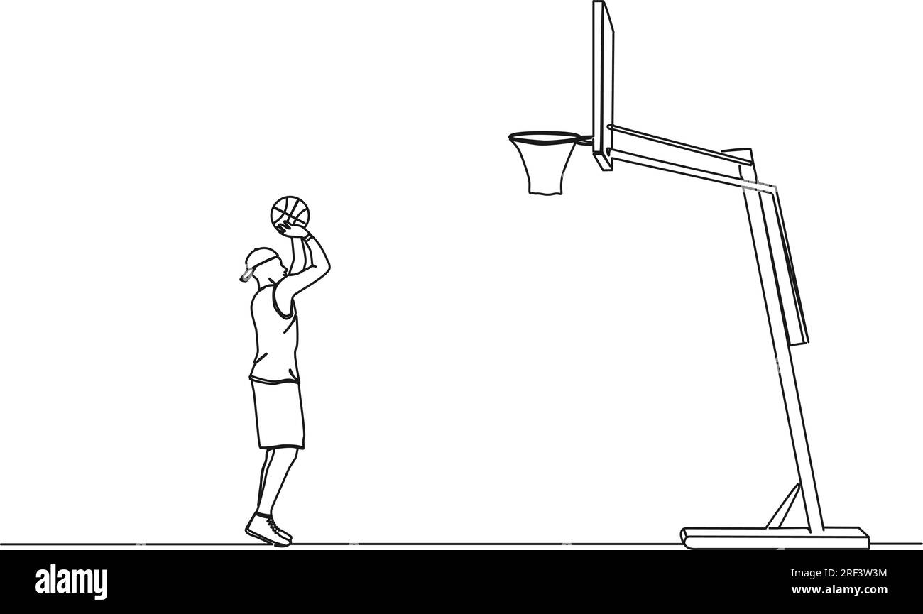 Durchgehende einzeilige Zeichnung eines Basketballspielers, der Ball auf den Korb schießt, Strichgrafiken-Vektordarstellung Stock Vektor