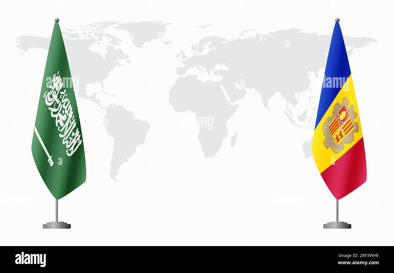 Flaggen Saudi-Arabiens und Andorras für offizielles Treffen vor dem Hintergrund der Weltkarte. Stock Vektor