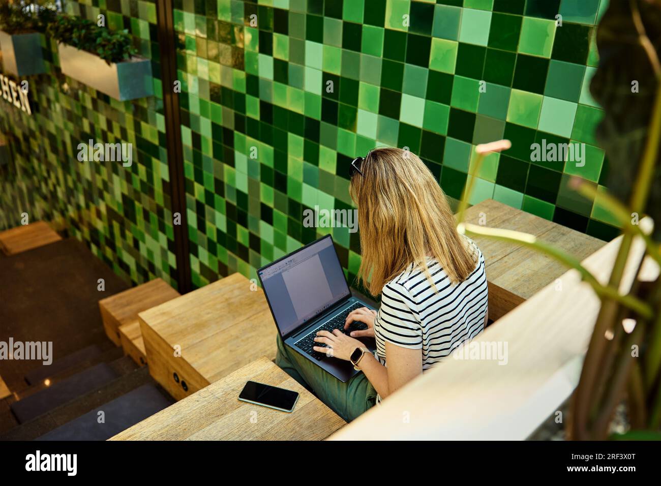 Frau, die mit einem Laptop arbeitet und mit grünen Pflanzen zusammenarbeitet. Weibliche Freiberuflerin, die auf der Laptop-Tastatur tippt. Online-Arbeit im Café Stockfoto