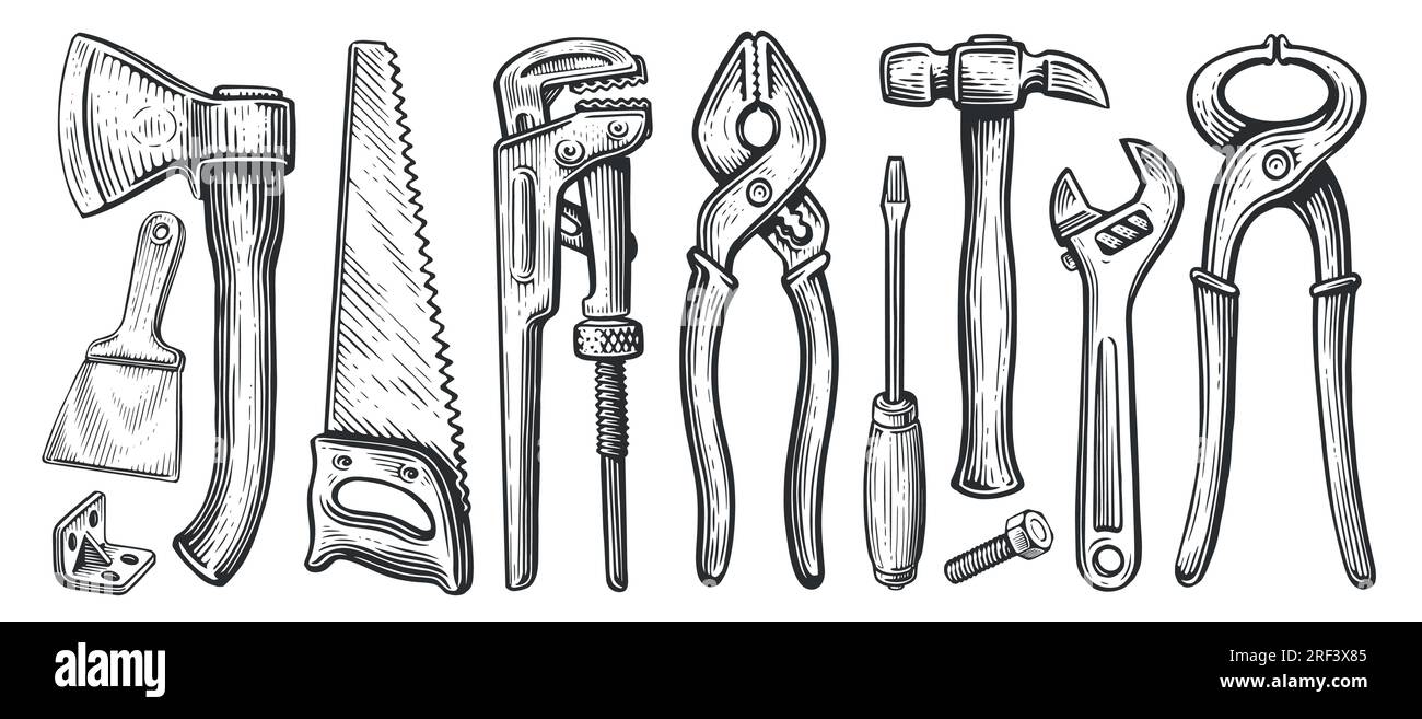 Werkzeugsatz für Bau- oder Reparaturarbeiten. Spannzange, Hammer, Schraubendreher, Bügelsäge, Schraubenschlüssel, Leitungsschlüssel Stock Vektor