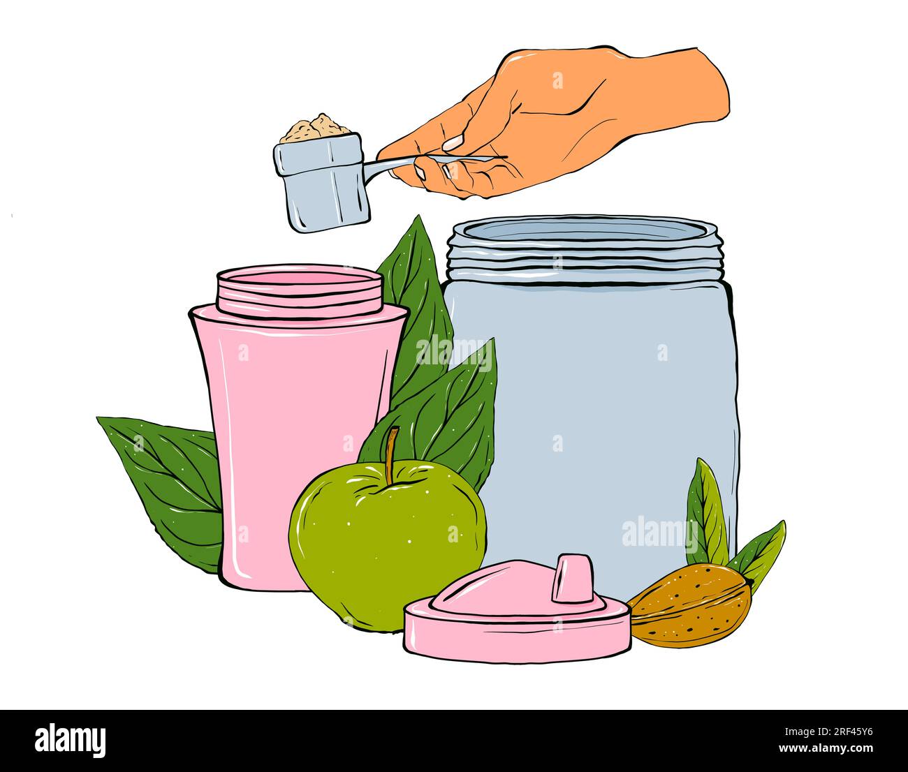 Sportnahrung, Fruchtzusammensetzungen, Schüttler, Nahrungsergänzungsmittel. Handgezeichnete Illustration. Stockfoto
