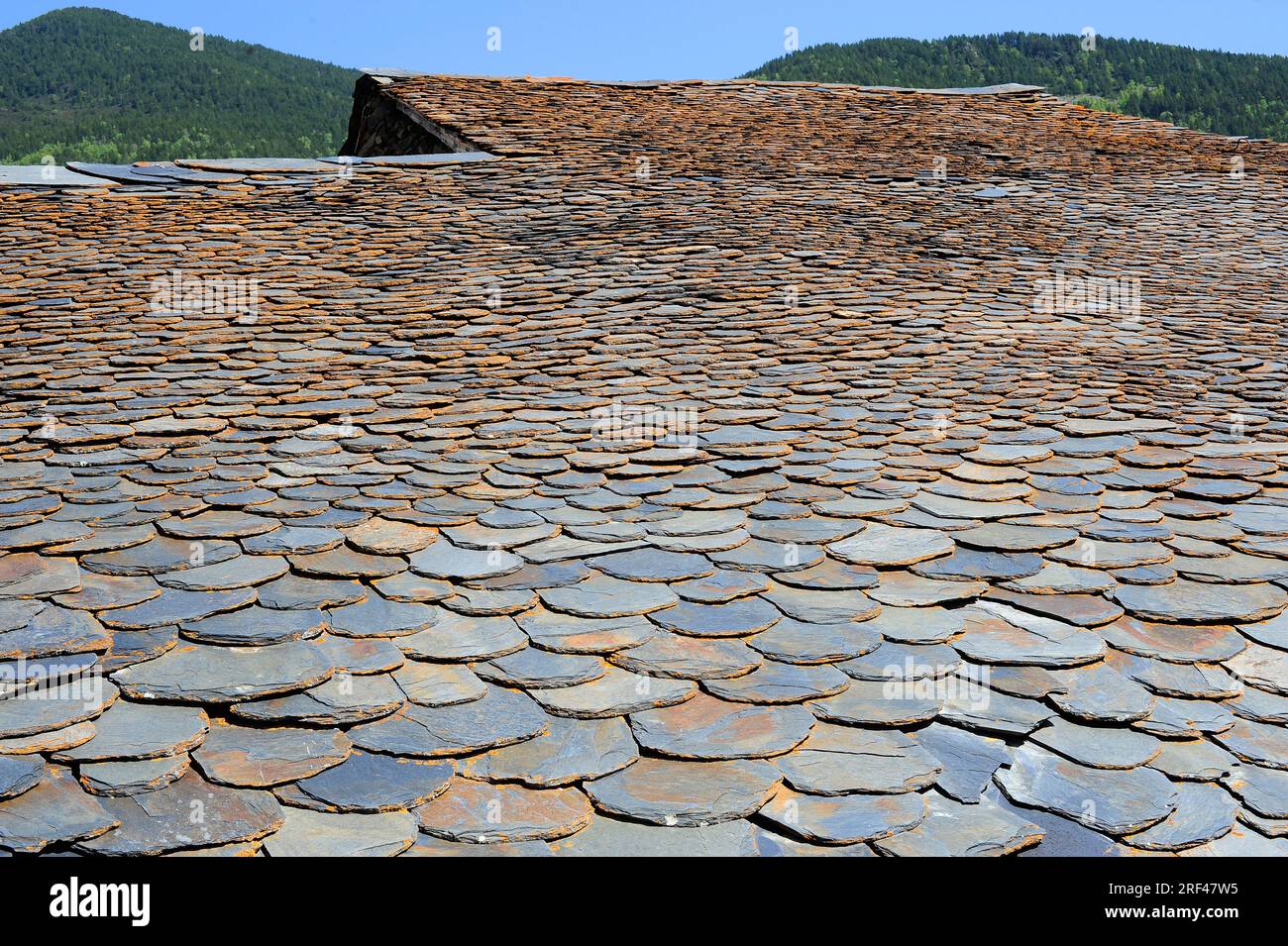 Dachschiefer. Schiefer ist ein spaltbares verdichtetem Sedimentgestein. Dieses Foto wurde in Pallars Sobira, Lleida, Katalonien, Spanien aufgenommen. Stockfoto