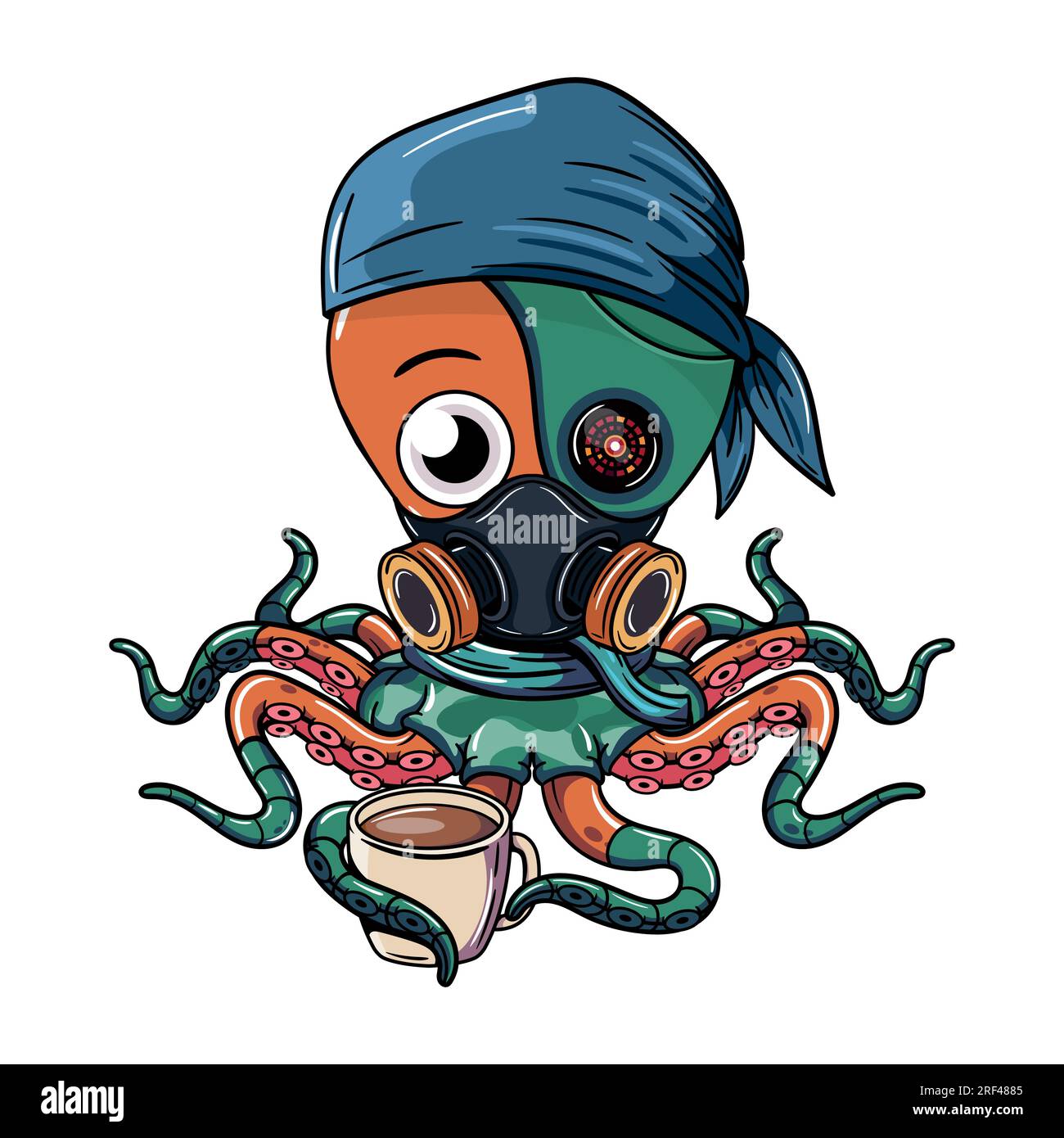 Cartoon Cyborg Oktopus Figur trägt Gasmaske mit einer Tasse Kaffee. Illustration für Fantasie, Science-Fiction und Abenteuer-Comics Stock Vektor