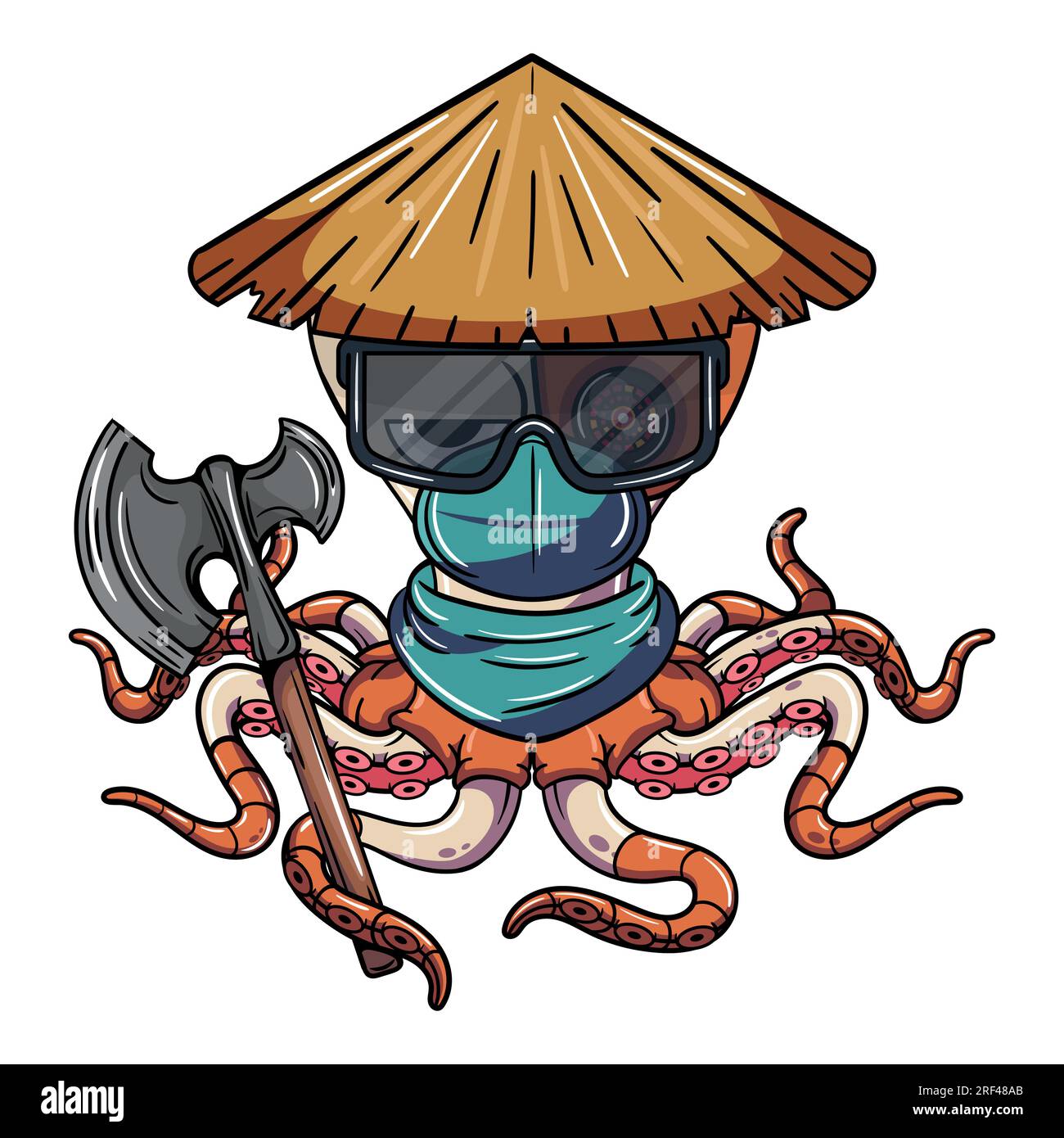 Cartoon Cyborg Octopus Figur mit chinesischem Hut, einer Kriegsaxt, Brille und einer Gesichtsmaske. Illustration für Fantasie, Science-Fiction und Abenteuer-Comics Stock Vektor