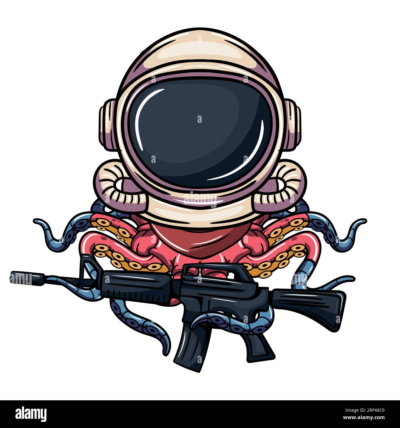 Comics-Figur Octopus Cyborg Entdecker im Astronautenanzug mit Maschinengewehr. Illustration für Fantasie, Science-Fiction und Abenteuer-Comics Stock Vektor