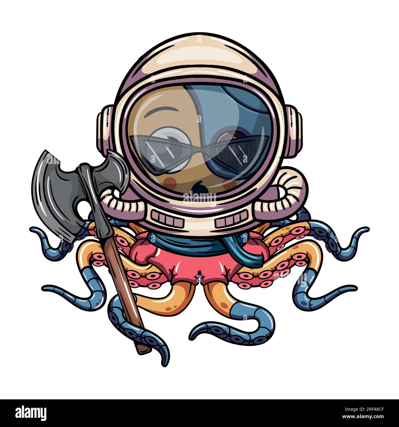Cartoon-Cyborg-gelber Oktopus-Charakter in Astronautenanzug mit Kriegsaxt. Illustration für Fantasie, Science-Fiction und Abenteuer-Comics Stock Vektor