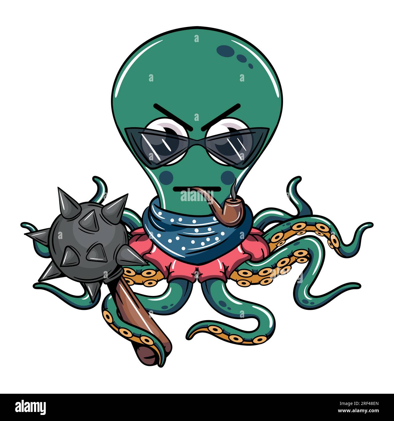 Cartoon-Cyborg-Oktopus-Figur mit Brille, die eine Pfeife mit einer Kriegspferde raucht. Illustration für Fantasie, Science-Fiction und Abenteuer-Comics Stock Vektor