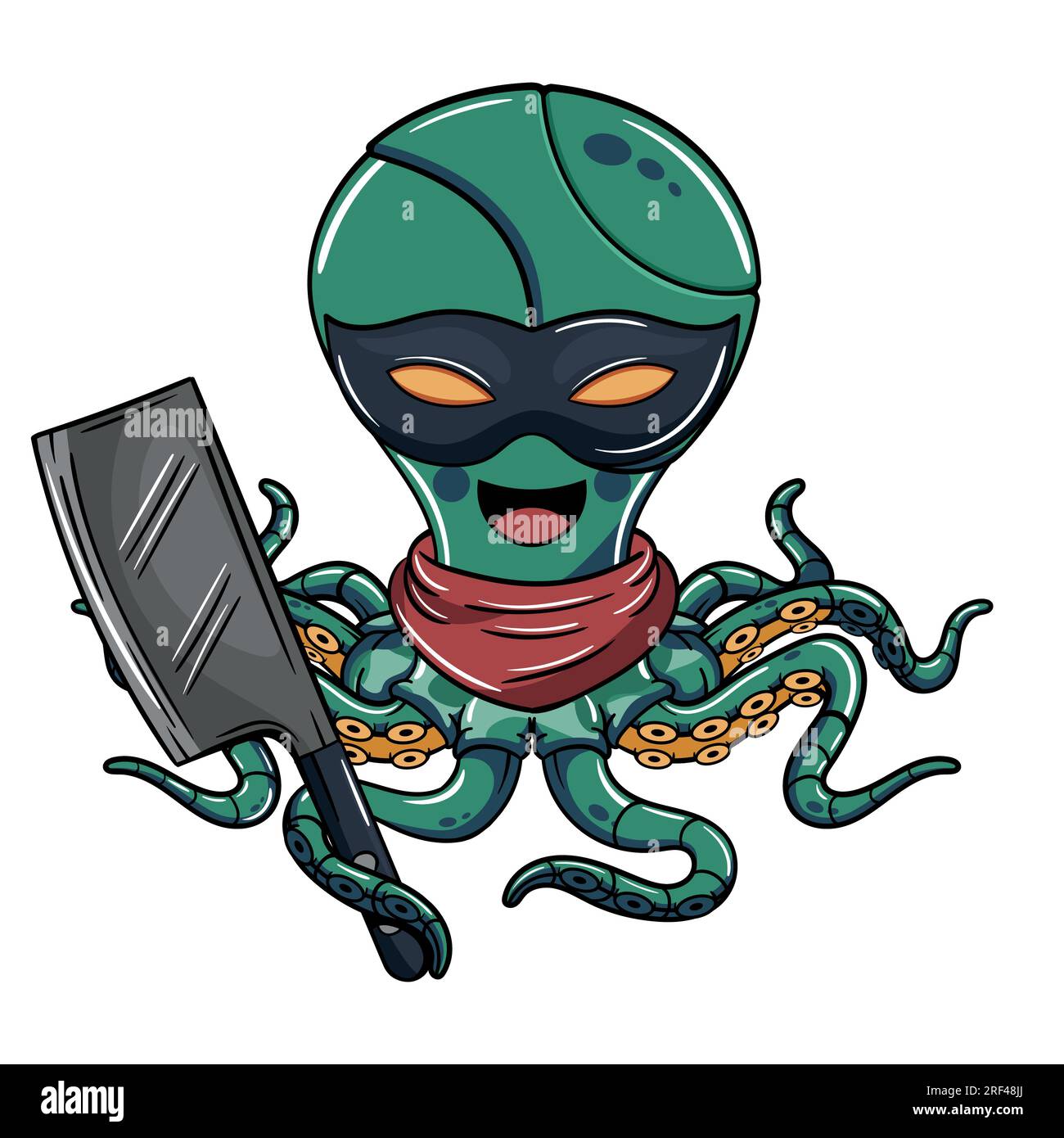 Cartoon böswilliger militärischer Cyborg Krake Charakter trägt eine Augenmaske mit einem Fleischmesser in der Hand. Illustration für Fantasie, Science-Fiction und Adventure CO Stock Vektor