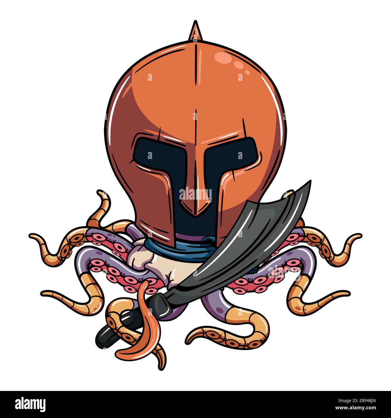 Cartoon Cyborg Octopus Charakter mit mittelalterlichem Gladiatorenhelm und Piratenschwert. Illustration für Fantasie, Science-Fiction und Abenteuer-Comics Stock Vektor