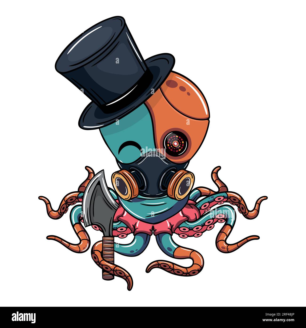 Cartoon-Cyborg-Oktopus-Figur mit Hut und Axt. Illustration für Fantasie, Science-Fiction und Abenteuer-Comics Stock Vektor