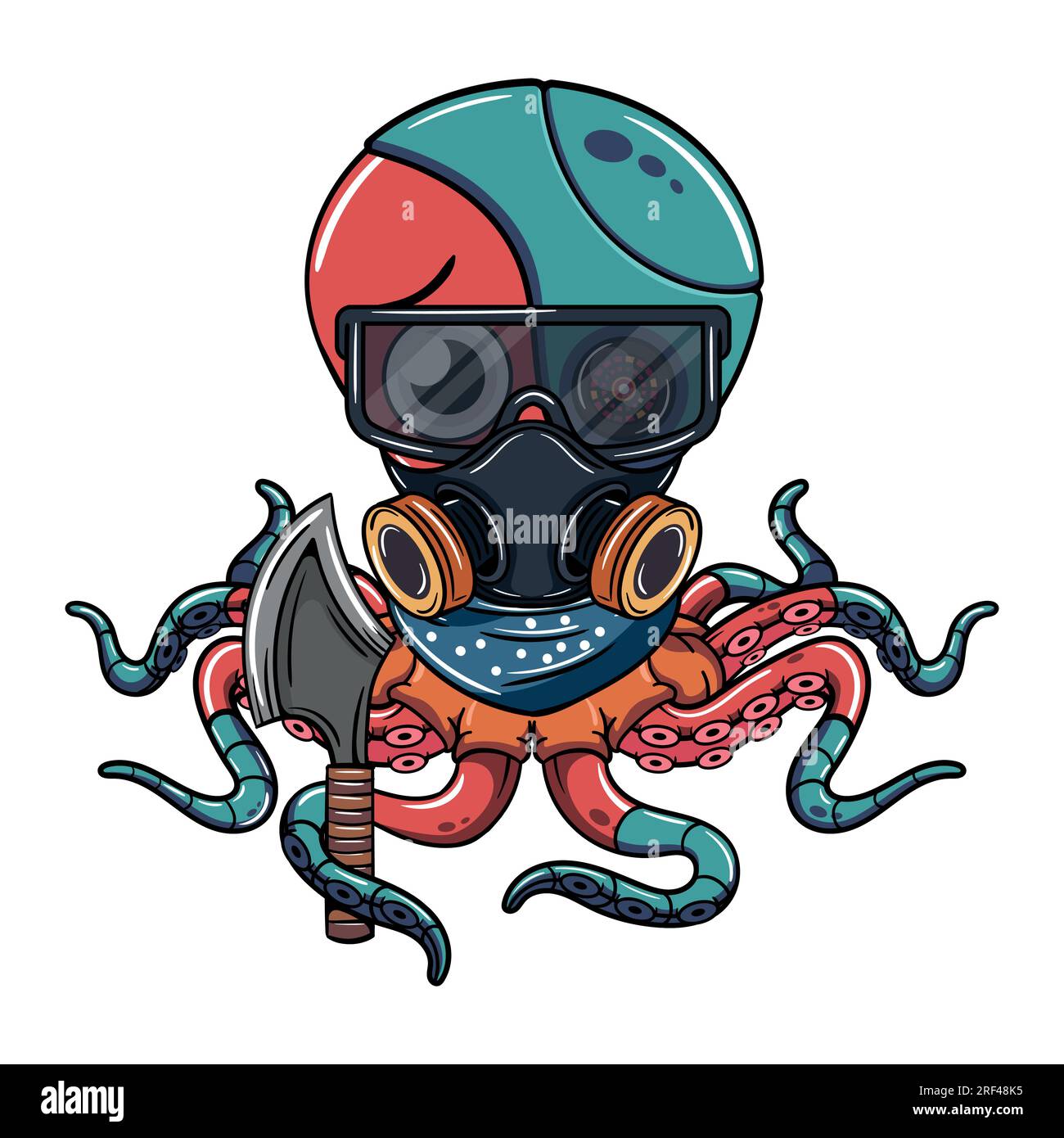 Cartoon-Cyborg-Oktopus-Figur mit Brille, Gasmaske und einer Axt in seinem Tentakel. Illustration für Fantasie, Science-Fiction und Abenteuer-Comics Stock Vektor