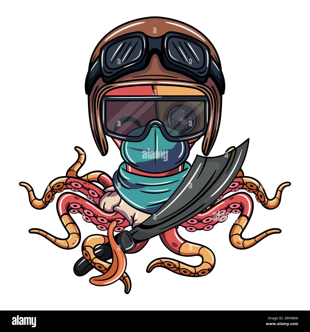 Cartoon-Charakter des Octopus cyborg Flugzeugpiloten mit Brille, Maske und Piratenschwert. Illustration für Fantasie, Science-Fiction und Abenteuer-Comics Stock Vektor
