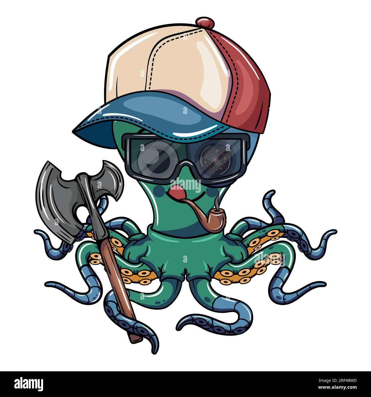 Comics-Figur eines süßen Cyborg-Oktopus mit Mütze, Schutzbrille, Pfeife rauchen und Kriegsaxt. Illustration für Fantasie, Science-Fiction Stock Vektor