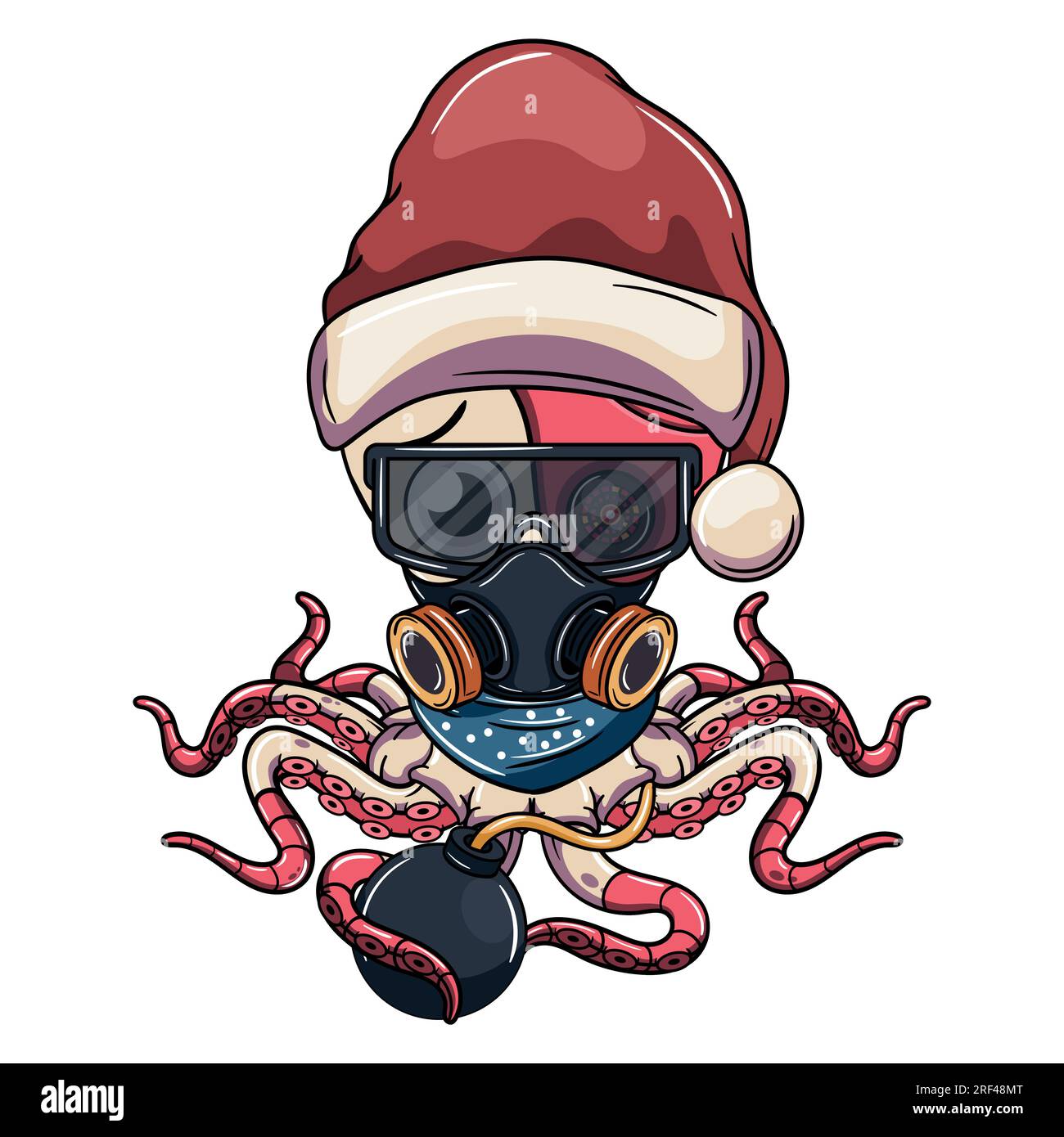 Cartoon traurige Cyborg Oktopus Figur mit weihnachtsmann Hut, Brille und Gasmaske mit einer Bombe. Illustration für Fantasie, Science-Fiction und Abenteuer C. Stock Vektor